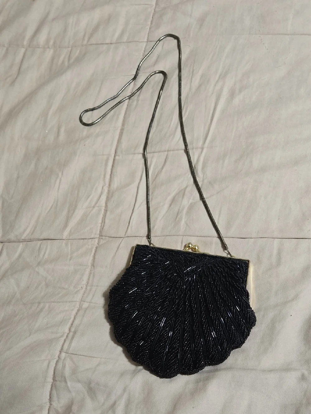 Black Beaded Shell Evening Bag - Women's Shoulder Clutch